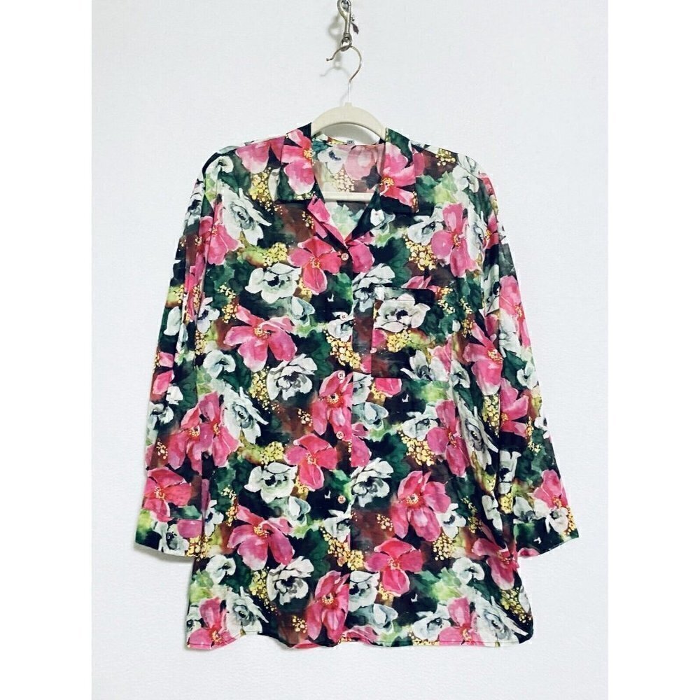 Olivier Strelli Womens 42 Large Floral Button Up Tunic Top Long Sleeve Boho
